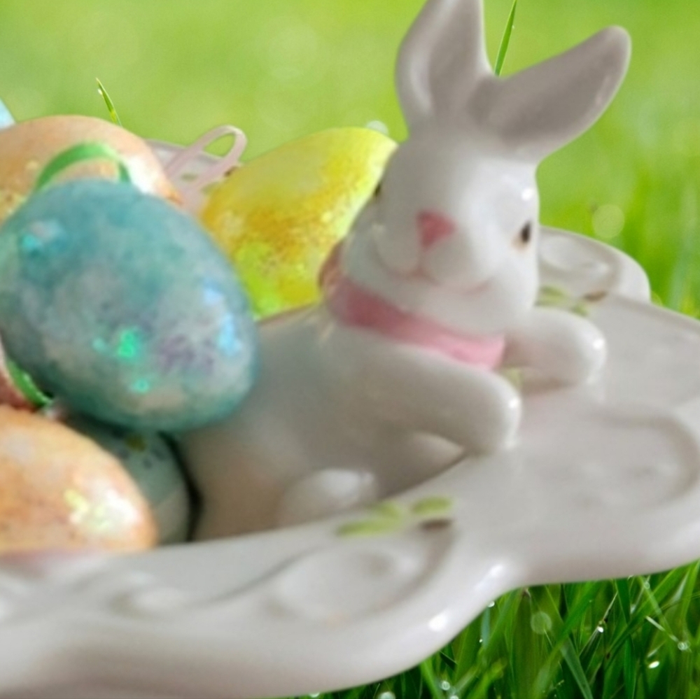 Porcelain Bunny Trinket Dish Colored Accents With Glitter Eggs 7" Width - Picture 2 of 11
